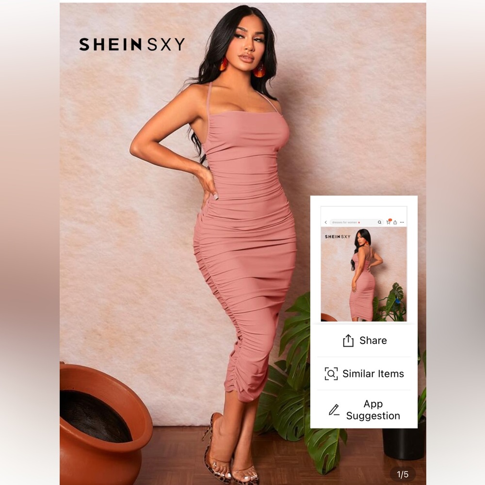 SHEIN Elegant Ruched Midi Dress in Pink